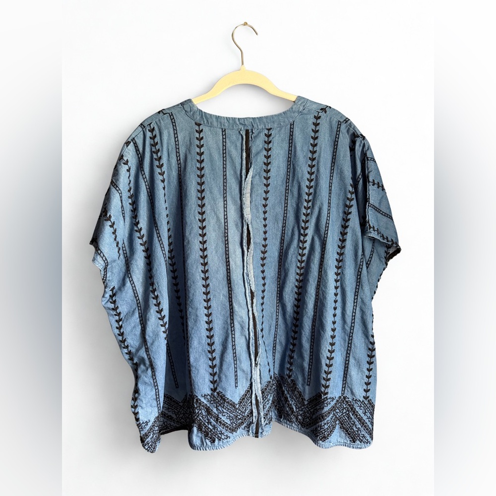 Zara Light Blue Embroidered V-Neck Tunic with Black Trim - Picture 2 of 4